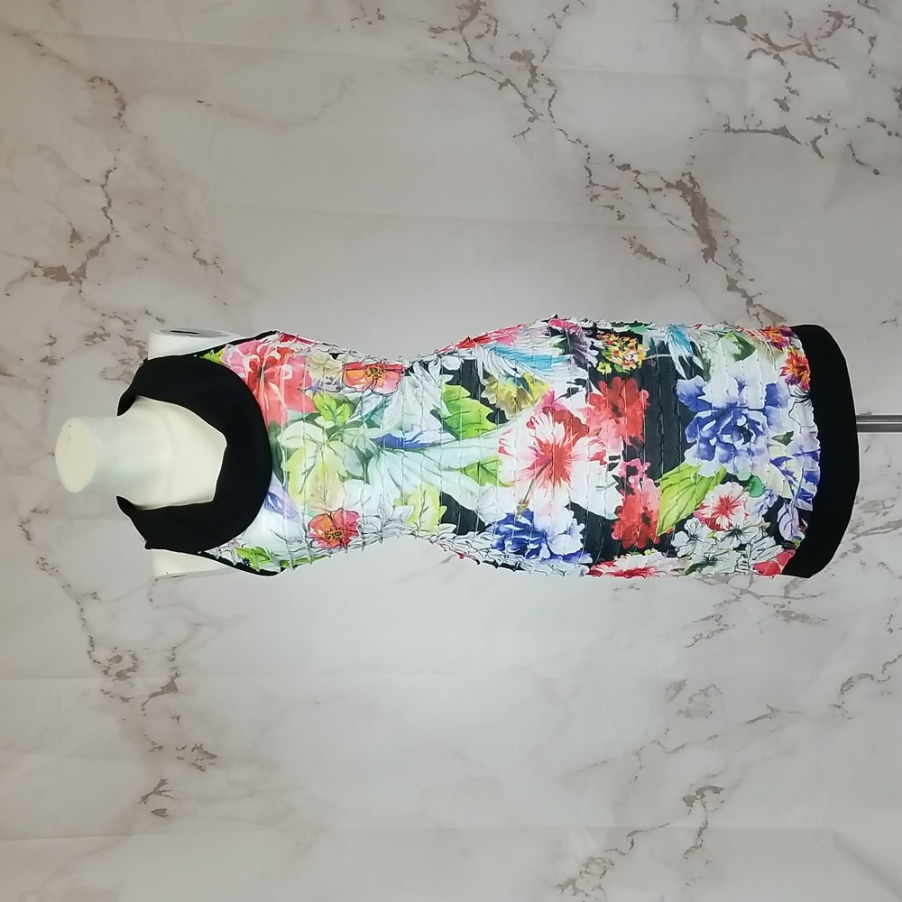 NWT Joseph Ribkoff Multi Floral Layered Ruffles Sleeveless Sheath Dress